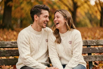 Couple portant des pulls assortis personnalisés avec initiales brodées, assis dans un parc en automne entouré de feuilles dorées