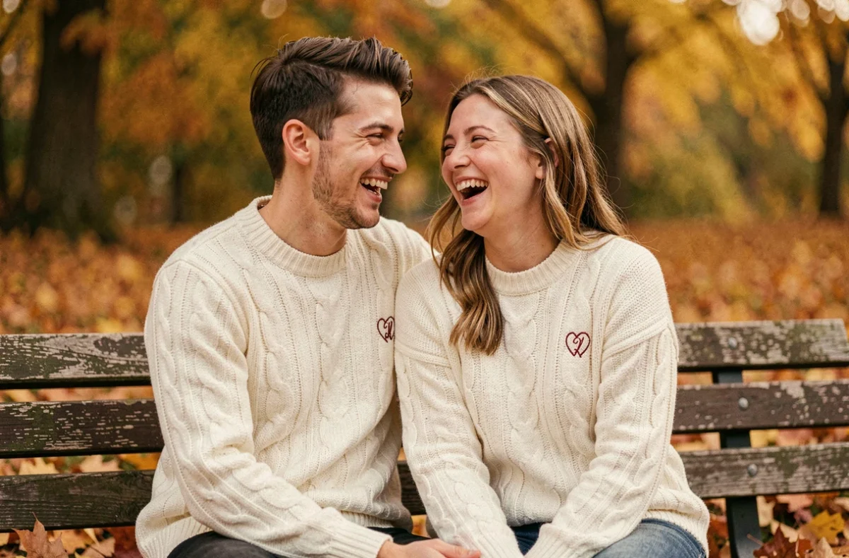 Couple portant des pulls assortis personnalisés avec initiales brodées, assis dans un parc en automne entouré de feuilles dorées