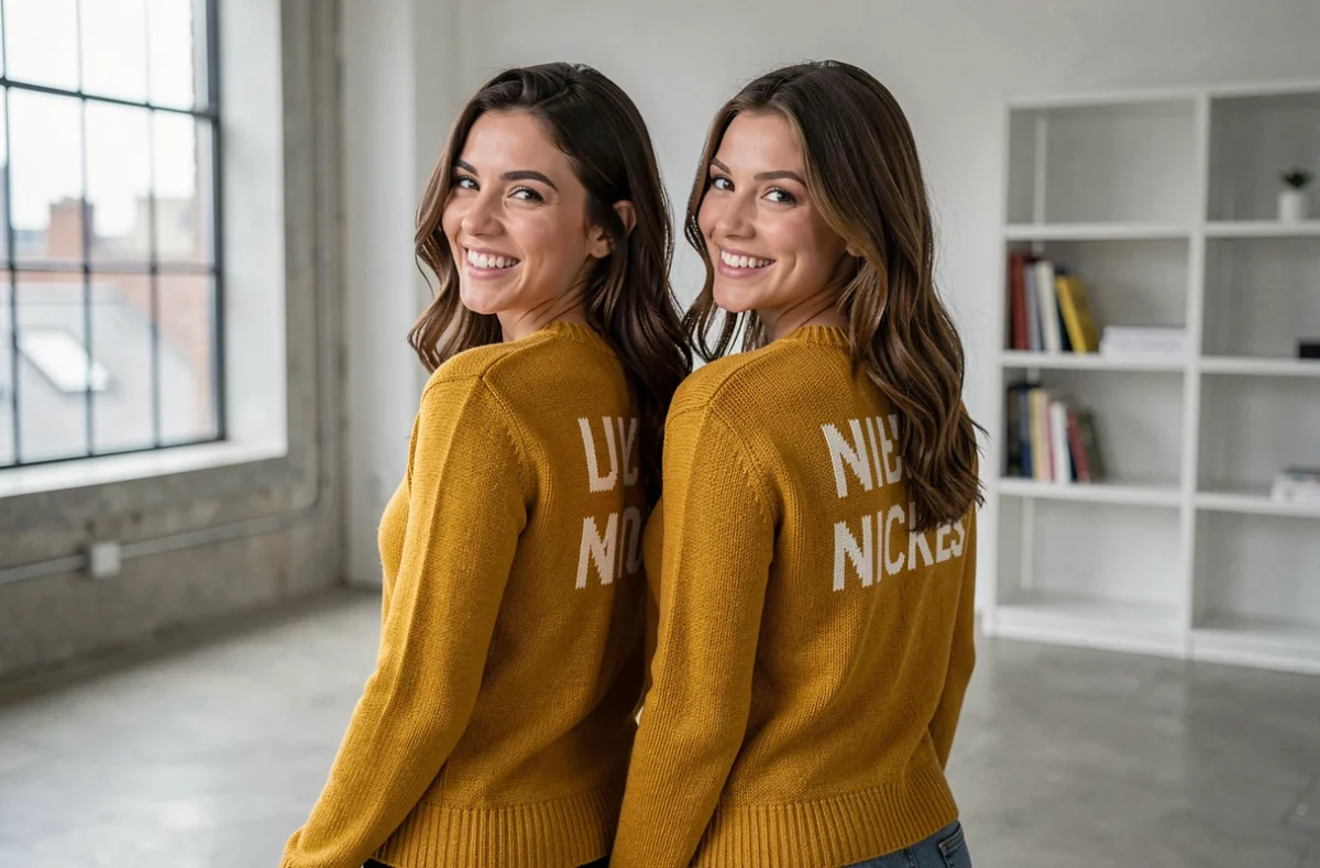 Deux femmes portant des pulls couple personnalisés avec surnoms tricotés dans le dos, posant dans un loft urbain minimaliste