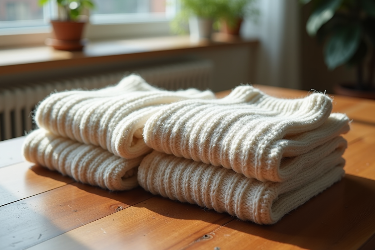 Deux pulls en laine sur une table en bois avec lumière naturelle