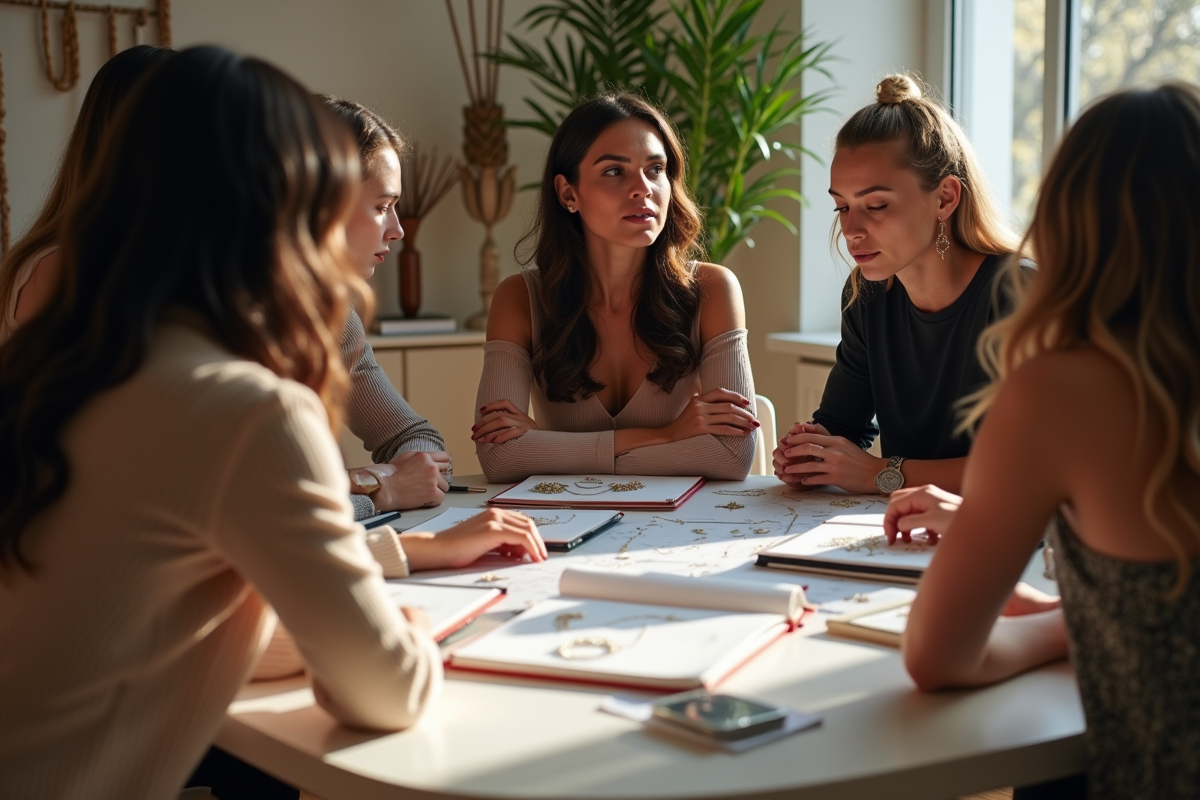 Réunion entre célébrité et stylistes autour de lookbooks et tissus