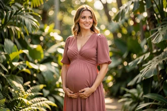 Femme enceinte souriante portant une robe d'anniversaire rose poudré fluide dans un jardin botanique, look ultra féminin et confortable pour future maman