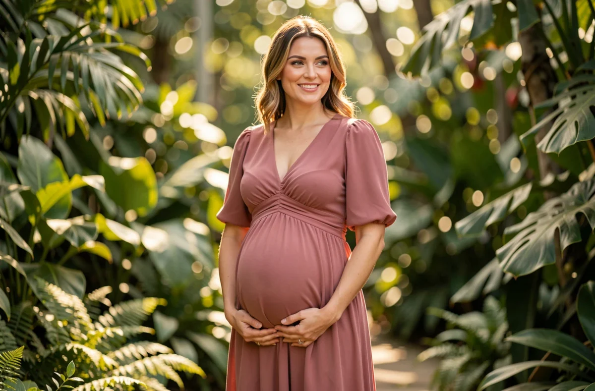 Femme enceinte souriante portant une robe d'anniversaire rose poudré fluide dans un jardin botanique, look ultra féminin et confortable pour future maman