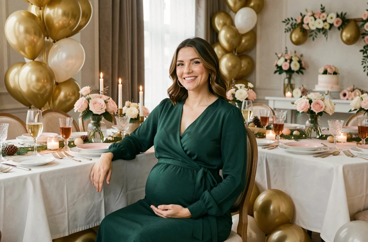 Future maman en robe portefeuille verte assise à une table d'anniversaire décorée avec ballons dorés et fleurs, tenue élégante et confortable pour femme enceinte