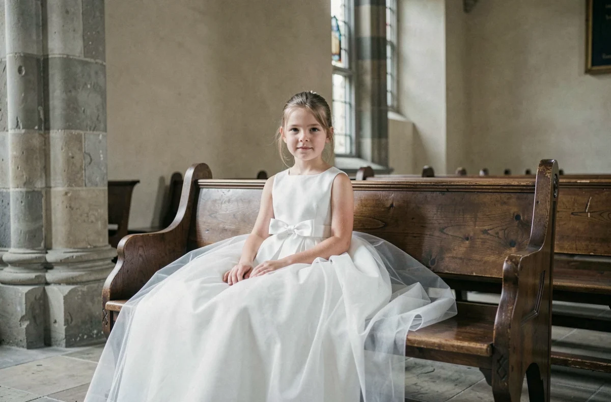 Fillette assise en robe blanche cérémonie en tulle avec nœud satiné dans un hall d'église élégant