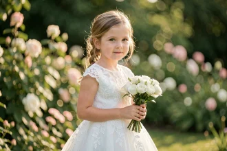 Jeune fille en robe blanche de cérémonie avec dentelle dans un jardin fleuri, tenant un bouquet blanc