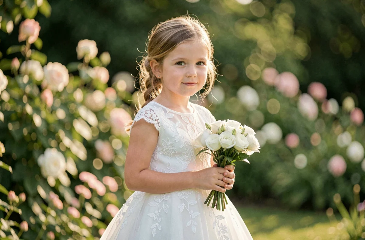 Jeune fille en robe blanche de cérémonie avec dentelle dans un jardin fleuri, tenant un bouquet blanc