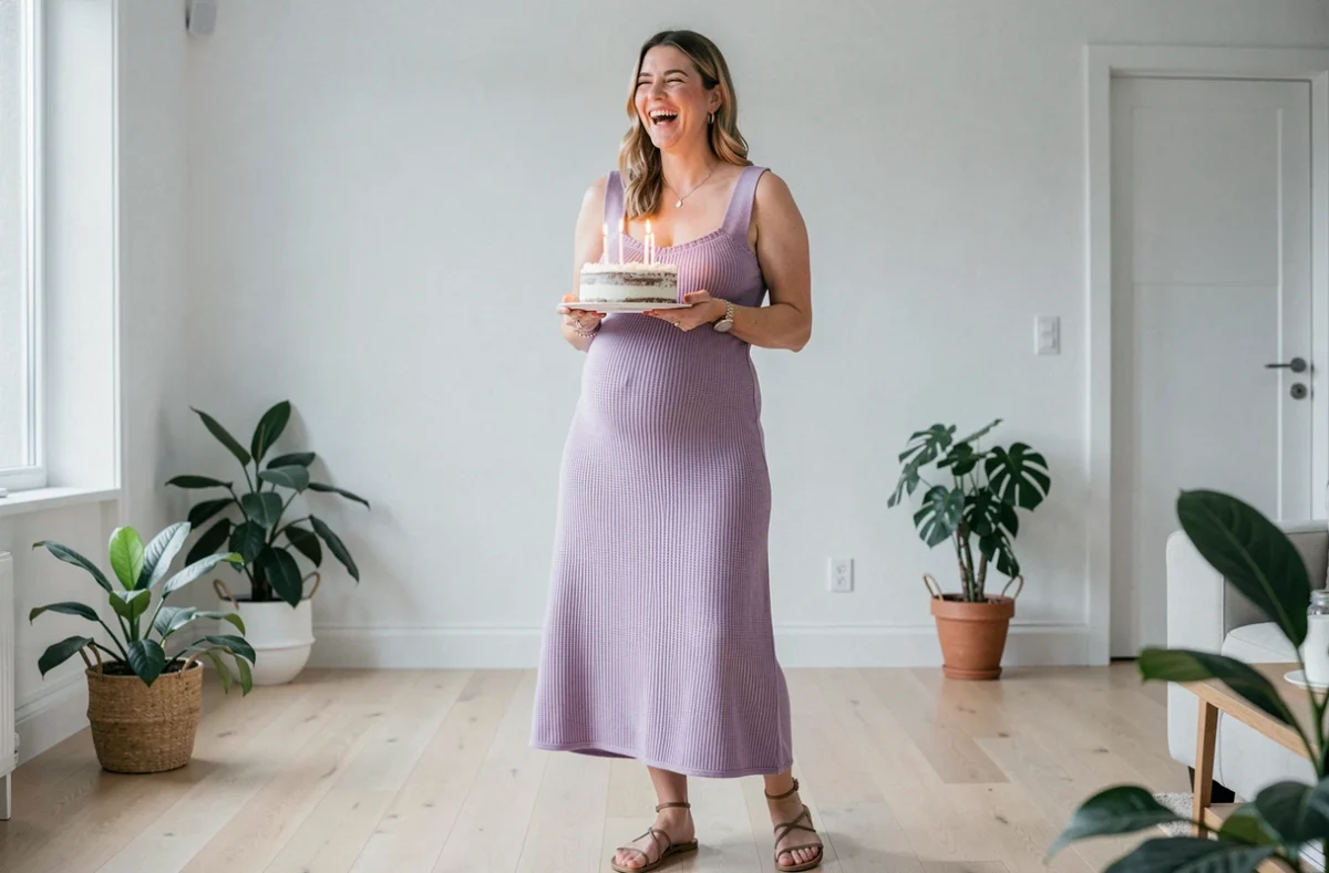 Femme enceinte joyeuse en robe longue lilas tricotée tenant un gâteau d'anniversaire dans un salon scandinave lumineux, tenue de fête confortable pour future maman