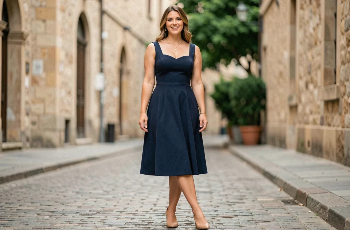 Femme petite et ronde en robe midi bleu marine à encolure cœur et jupe évasée, posant dans une rue pavée européenne avec des chaussures à talons bloc nude, look élégant et proportionné