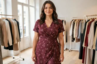 Femme petite et ronde portant une robe portefeuille à imprimé floral bordeaux dans une boutique parisienne lumineuse, silhouette mise en valeur par un décolleté en V et une taille cintrée