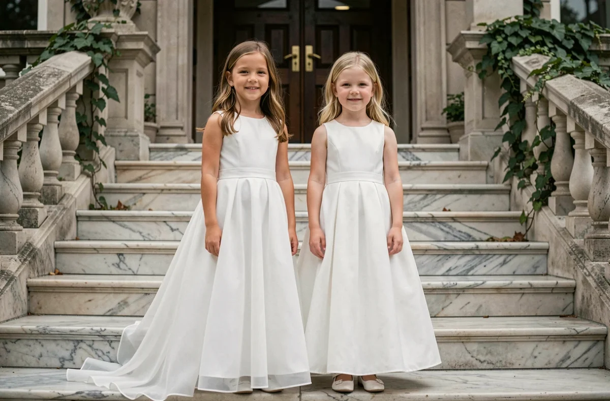 Deux fillettes en robes blanches de cérémonie coordonnées sur des marches en marbre devant un bâtiment classique