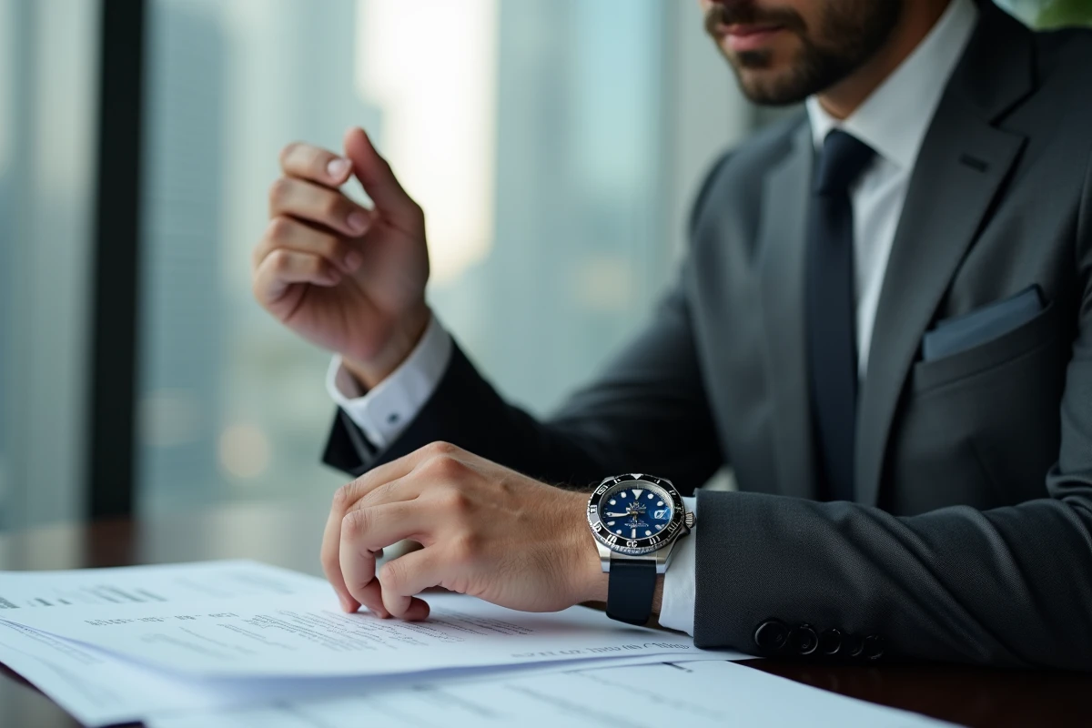Homme d'affaires portant une Rolex Bruce Wayne au poignet dans un bureau moderne avec vue sur la ville