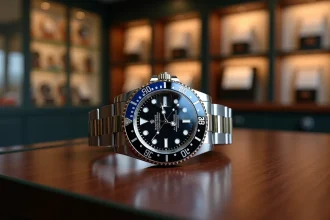 Rolex GMT-Master II surnommée Bruce Wayne posée sur un comptoir en bois sombre dans une boutique horlogère de luxe