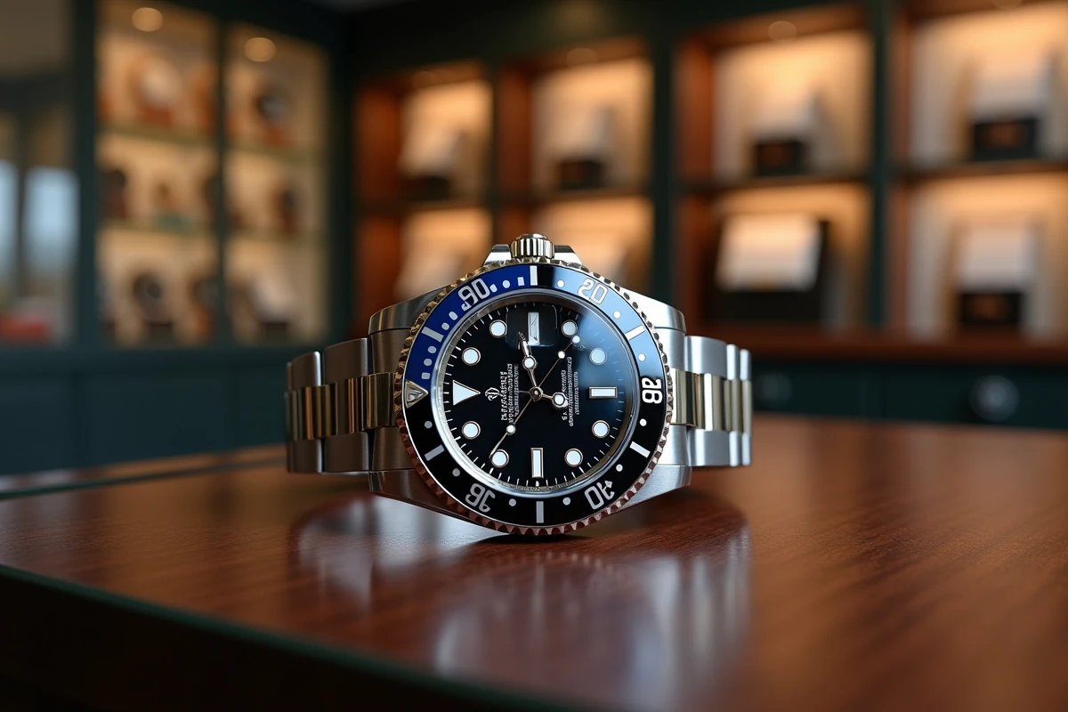 Rolex GMT-Master II surnommée Bruce Wayne posée sur un comptoir en bois sombre dans une boutique horlogère de luxe