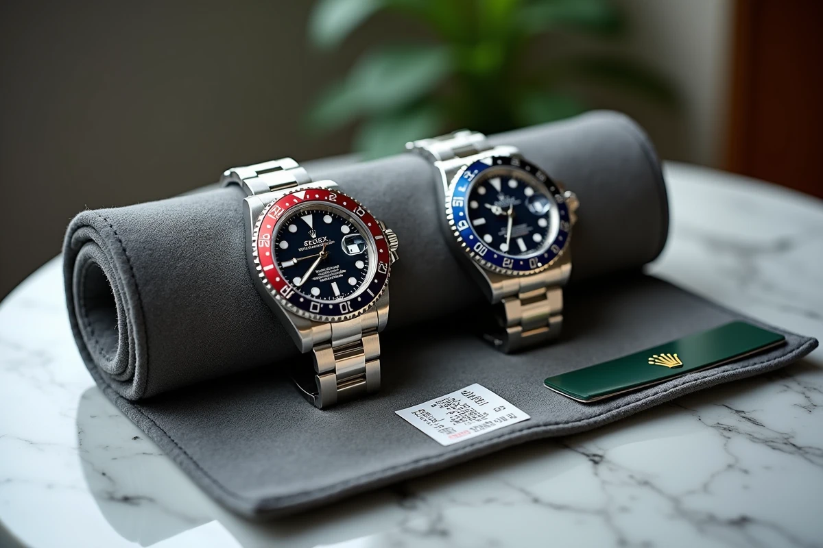 Deux montres Rolex Bruce Wayne comparées sur un rouleau de collection, illustrant le marché gris et la revente entre particuliers