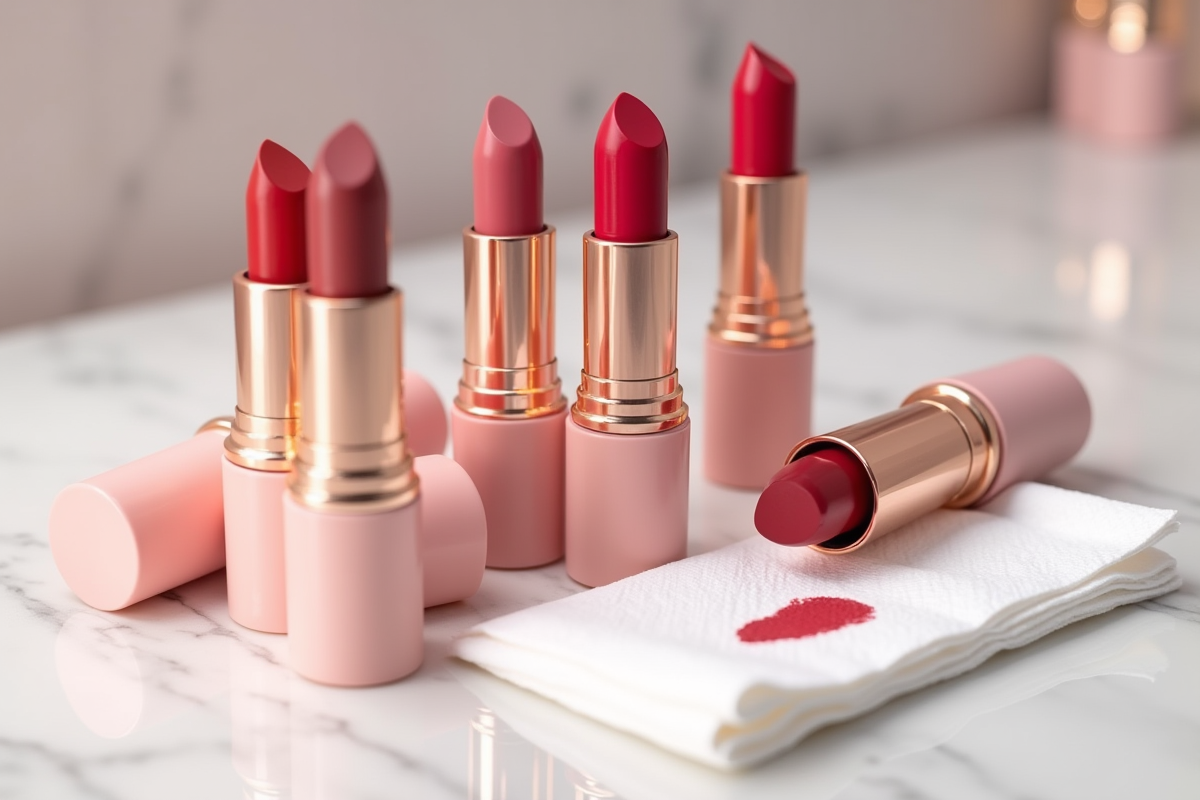Variété de rouges à lèvres longs tenues sur marbre brillant