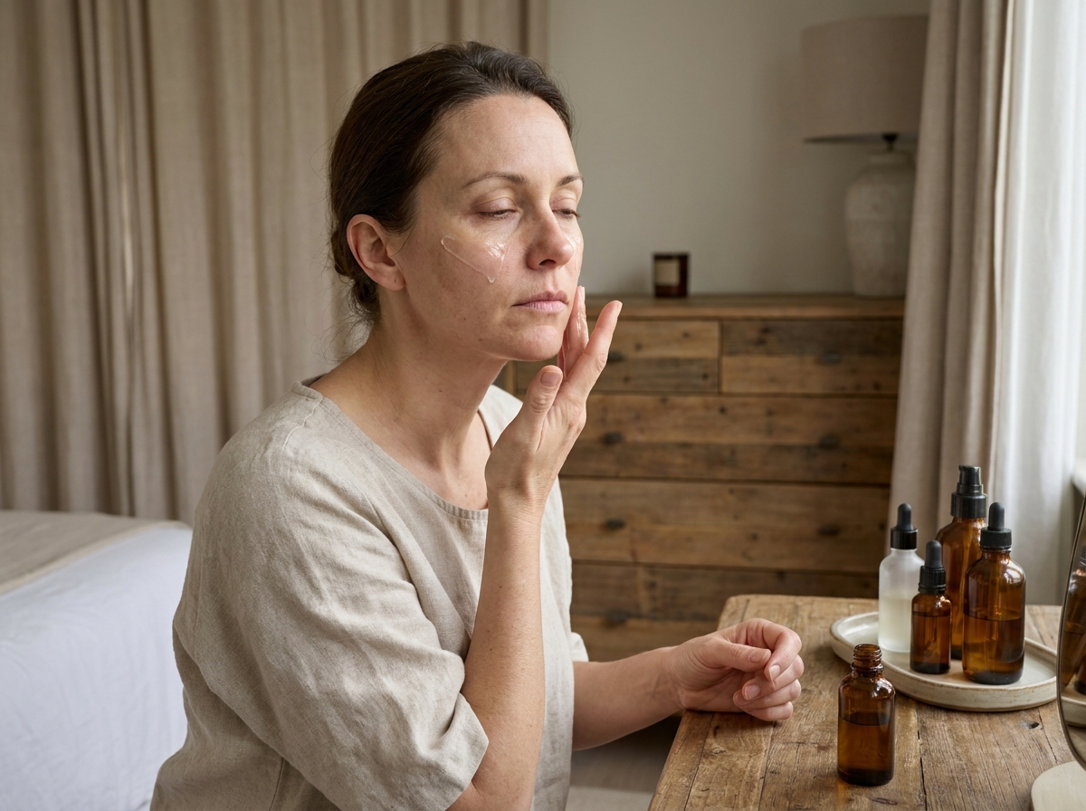 Femme appliquant un sérum éclat sur une peau fatiguée lors d'une routine beauté matinale