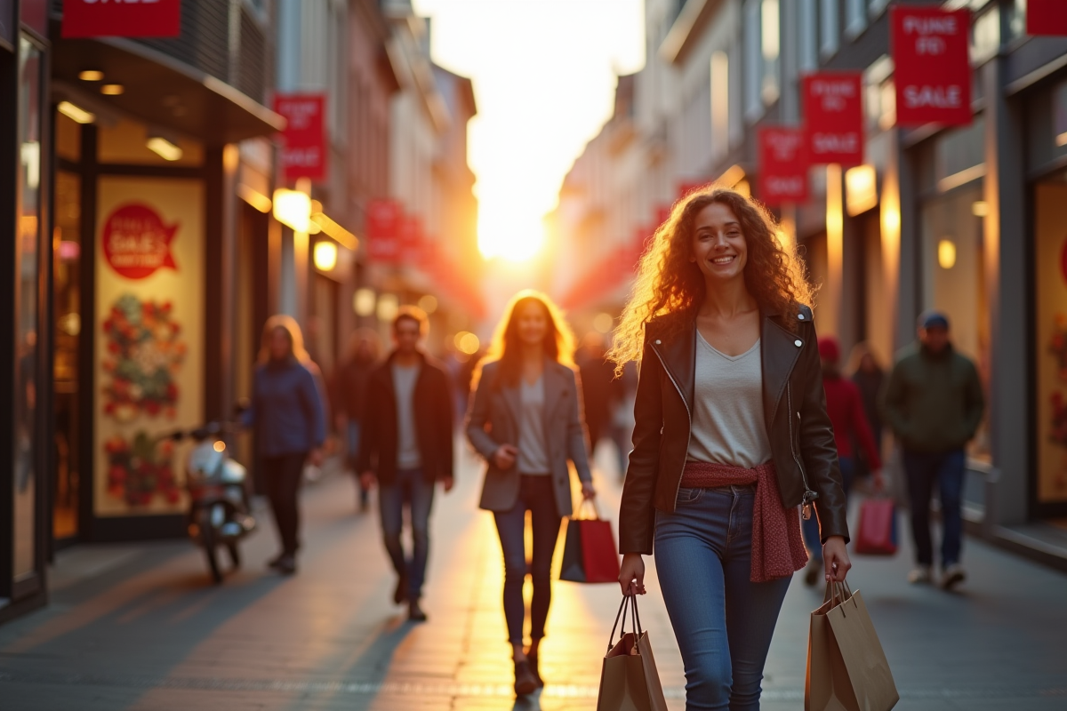Rue commerçante en Belgique au coucher de soleil avec acheteurs souriants