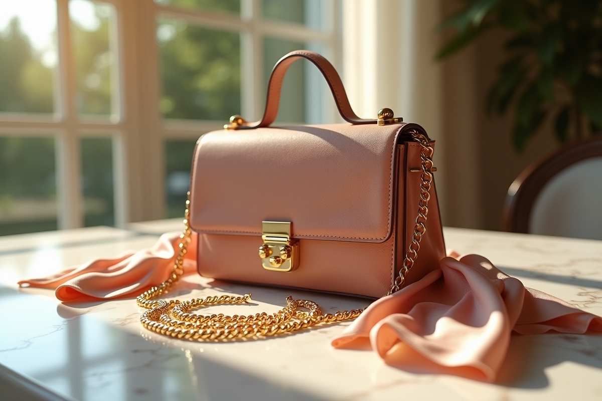 Sac de luxe en designer sur table en marbre avec bijoux et foulard