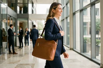 Femme professionnelle portant une sacoche en cuir cognac pour ordinateur portable dans un hall d'entreprise moderne