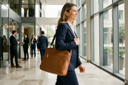 Femme professionnelle portant une sacoche en cuir cognac pour ordinateur portable dans un hall d'entreprise moderne
