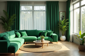 Salon moderne avec plantes vertes et coussins en velours vert