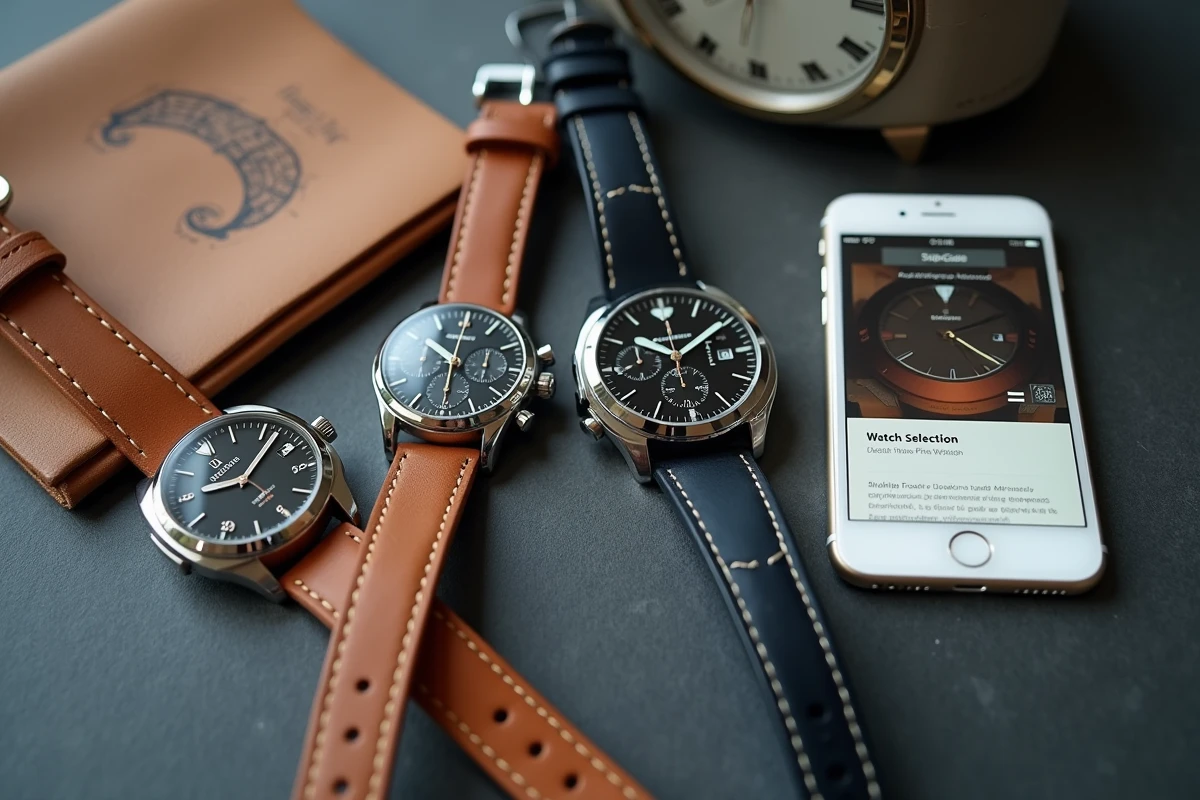 Sélection de montres tendance posées sur ardoise avec guide de style et smartphone affichant un site horloger
