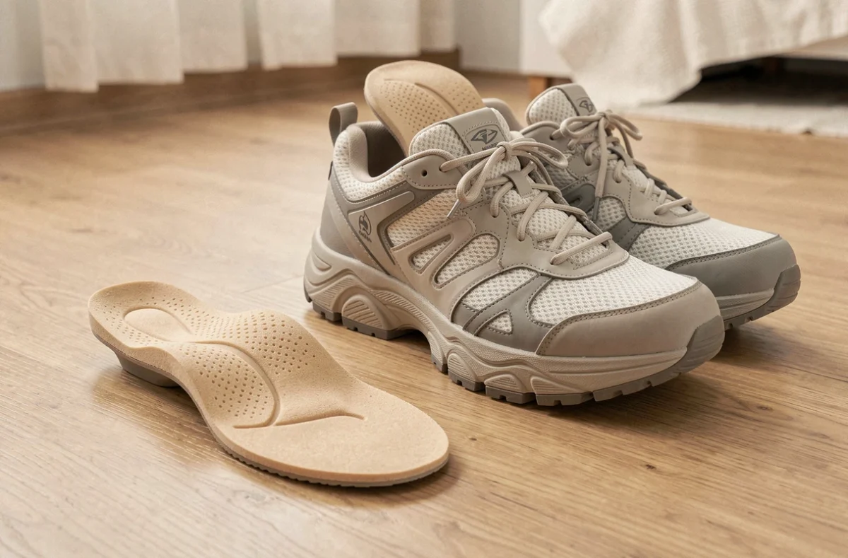 Semelle orthopédique posée à côté de chaussures trop grandes pour corriger le confort et éviter les ampoules