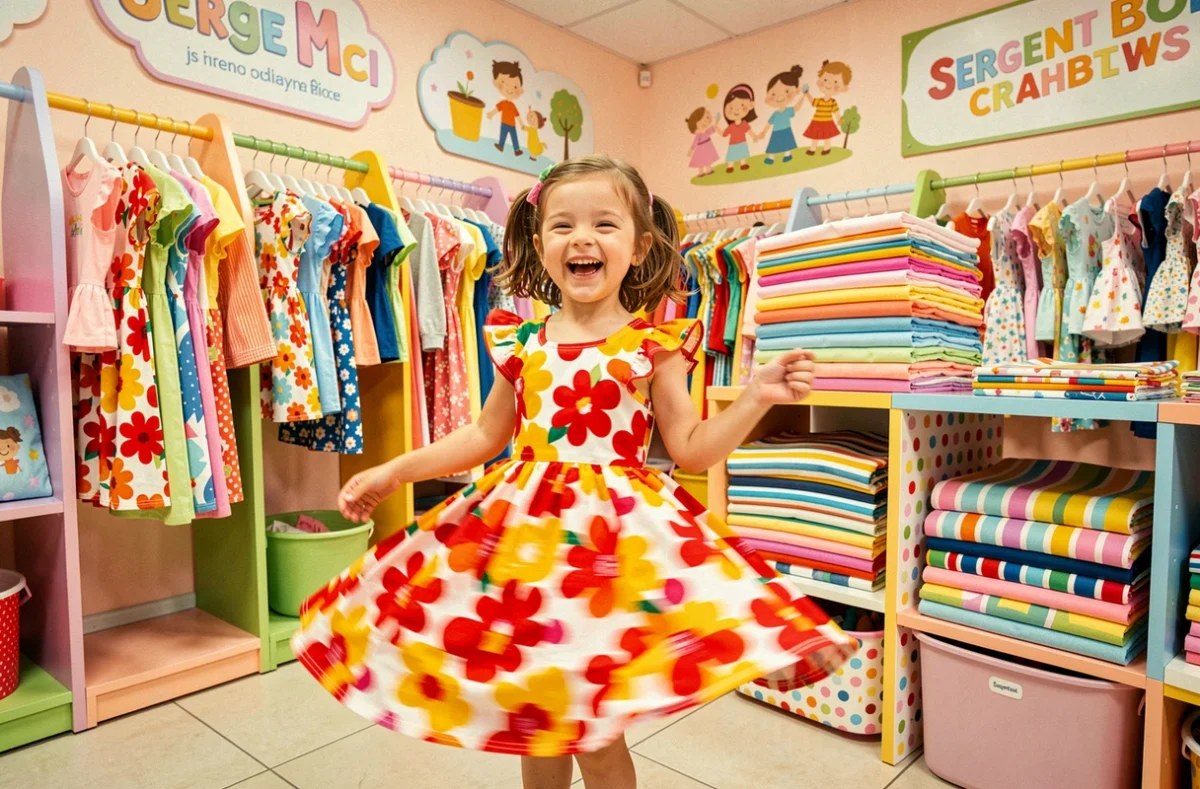 Petite fille souriante en robe à imprimés colorés dans une boutique Sergent Major à Toulouse