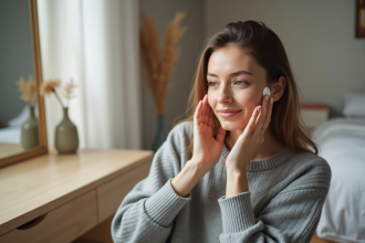 Femme appliquant une creme visage dans un cadre cozy