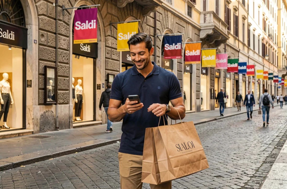 Homme tenant des sacs de shopping de marques italiennes devant des boutiques en solde dans une rue commerçante de Rome avec des panneaux Saldi