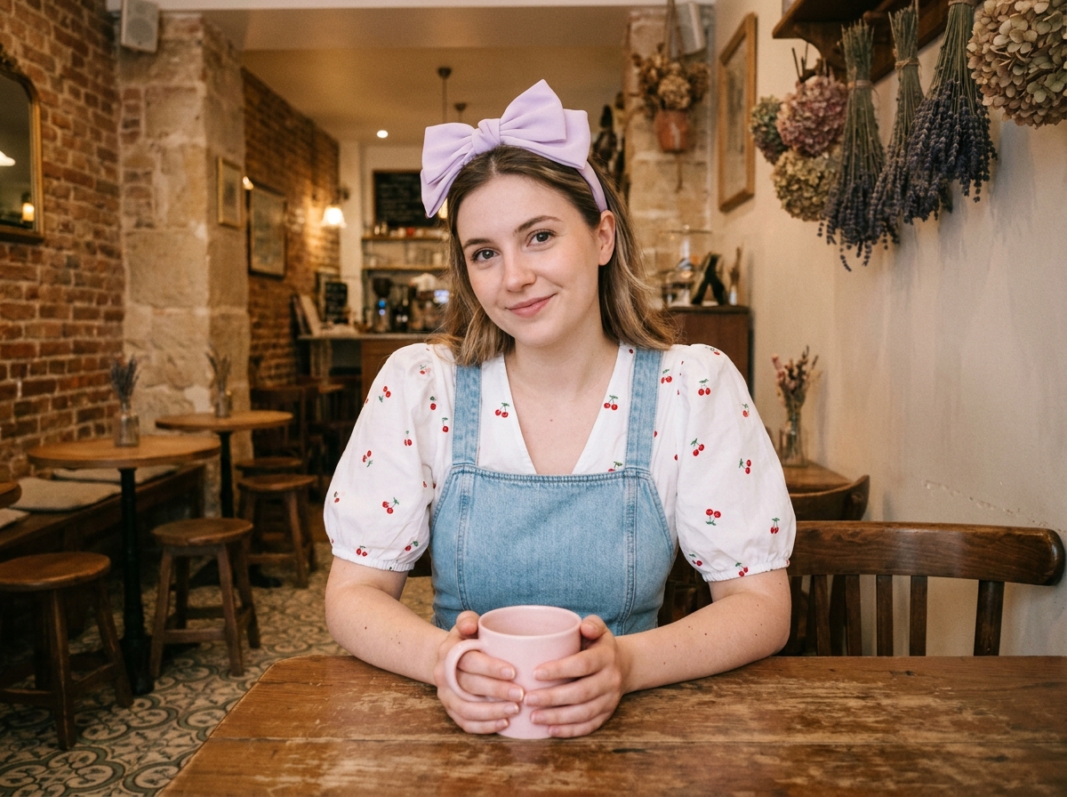 Jeune femme aux accessoires kawaii en robe chasuble denim et chemisier à cerises assise dans un café parisien cosy avec une tasse en céramique pastel