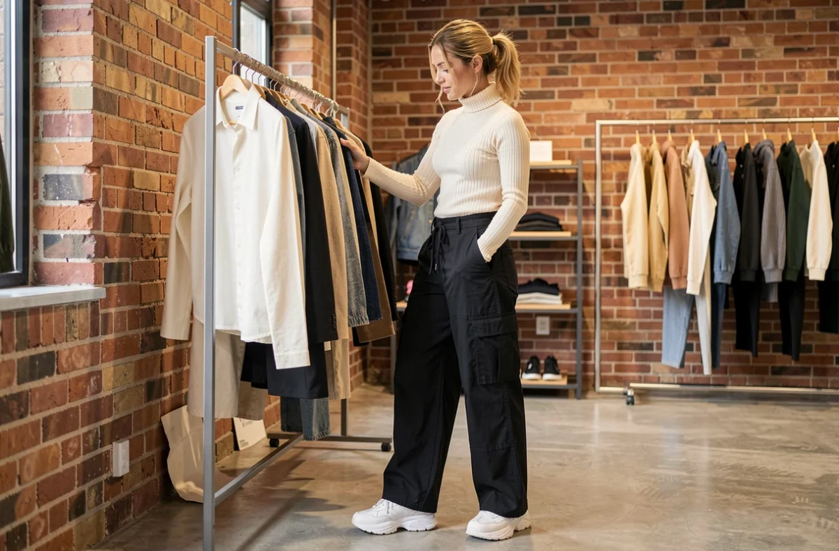 Femme en pantalon cargo large streetwear et col roulé crème basique dans une boutique indépendante à l'ambiance minimaliste