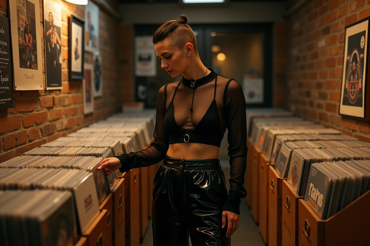Femme au style techno fouillant des vinyles dans un magasin de disques underground