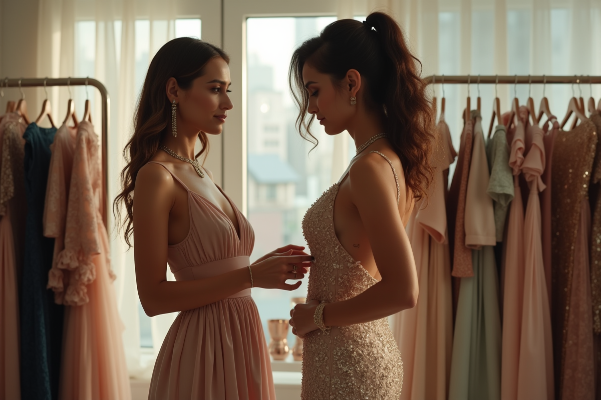 Styliste ajustant une robe élégante sur une célébrité dans un dressing lumineux