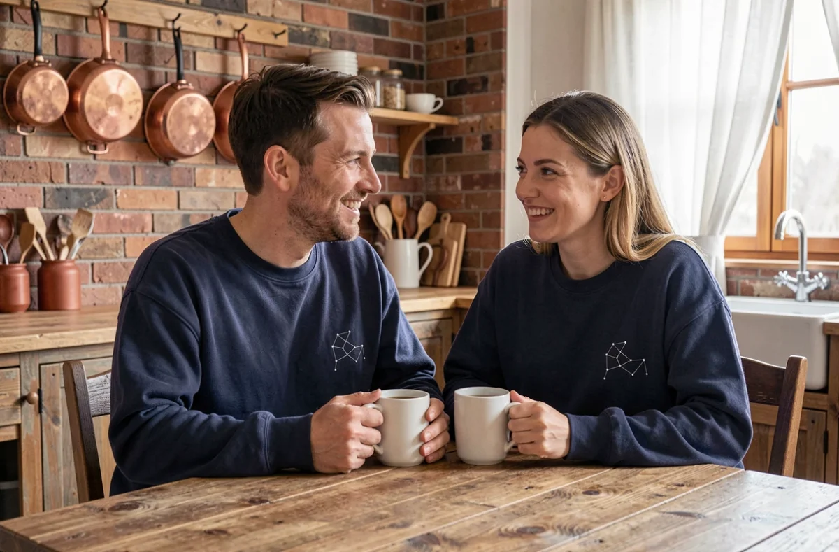 Couple en sweatshirts personnalisés assortis avec carte des étoiles, attablés dans une cuisine rustique avec tasses de café
