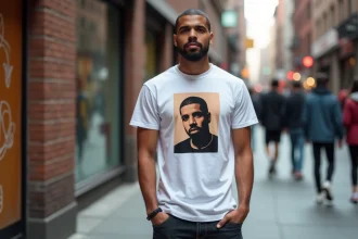 Jeune homme portant un t-shirt Drake stylé dans un cadre urbain avec murs en briques