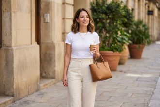 Femme élégante portant un t-shirt blanc femme rentré dans un pantalon large tailleur crème avec accessoires dorés en tenue chic décontractée