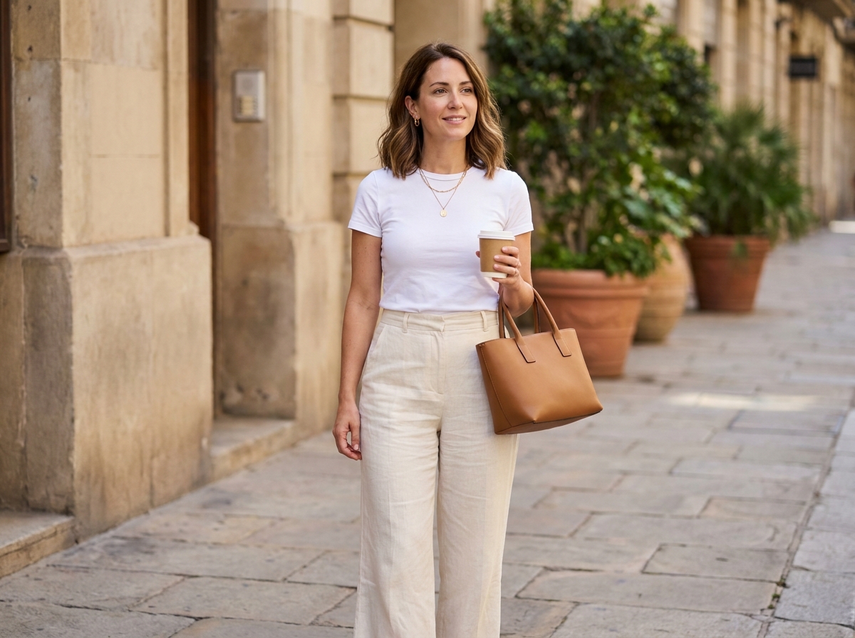 Femme élégante portant un t-shirt blanc femme rentré dans un pantalon large tailleur crème avec accessoires dorés en tenue chic décontractée