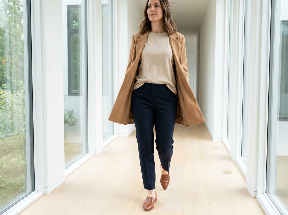 Femme en mouvement portant un t-shirt oversize beige avec blazer camel et pantalon marine pour une tenue chic et moderne