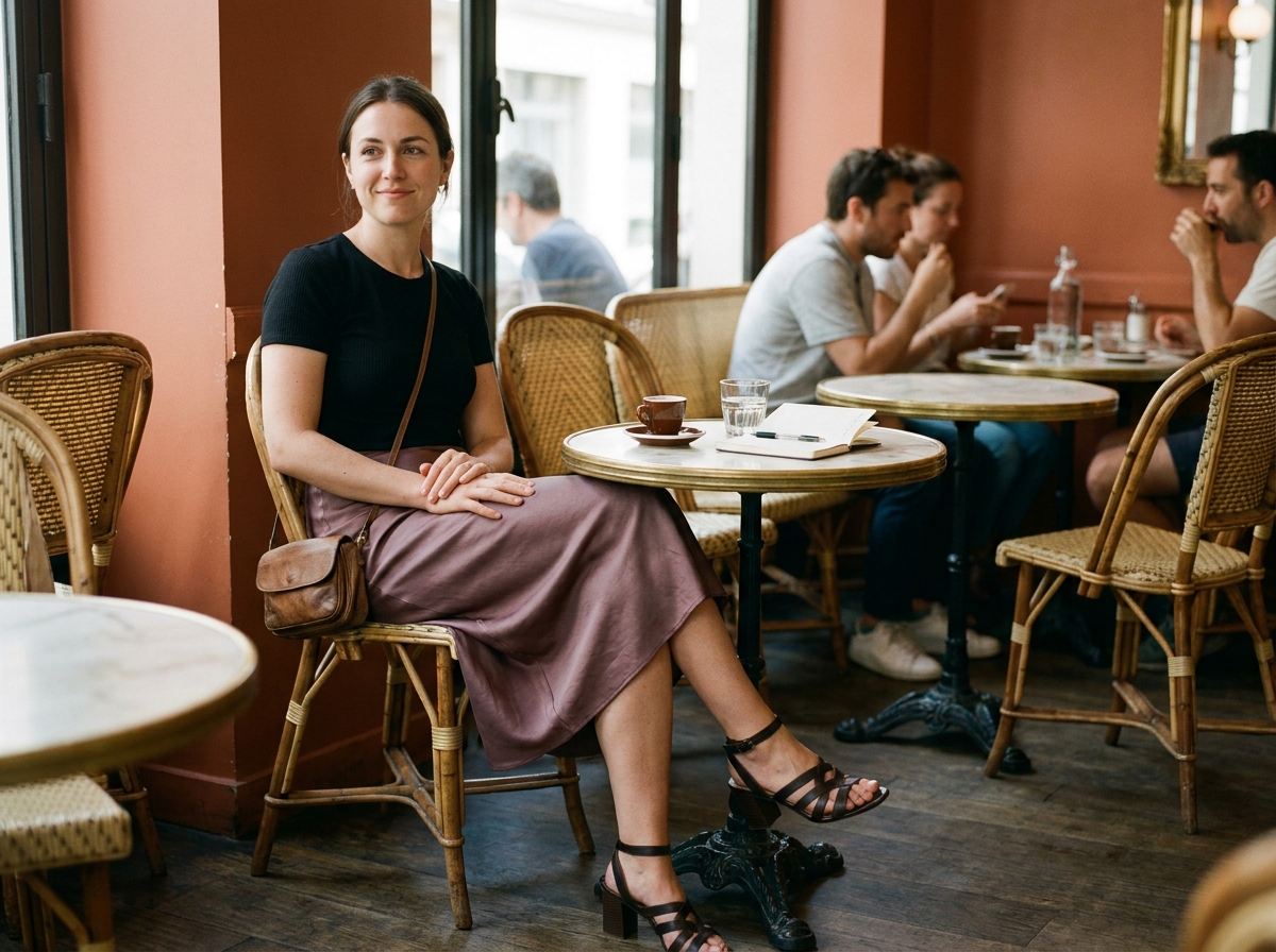 Femme assise en terrasse de café portant un t-shirt noir côtelé avec jupe midi fluide pour un style chic sans effort