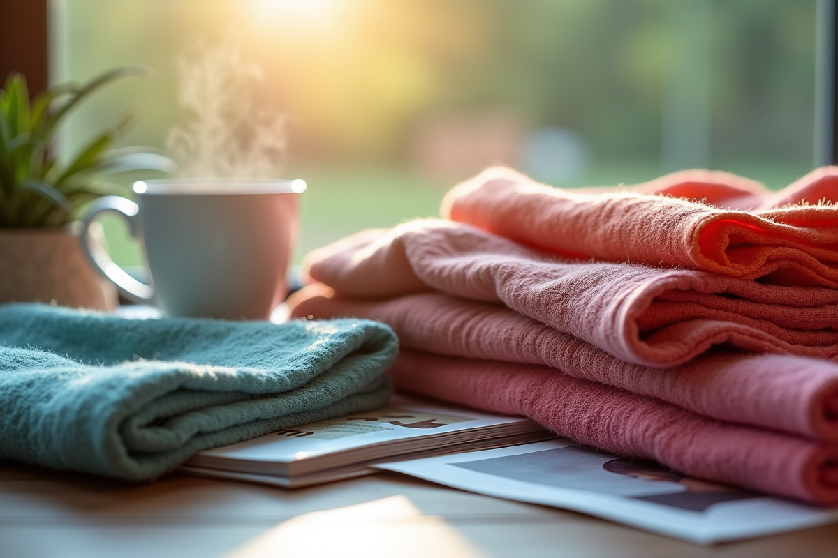 Echarpes colorées sur une table avec magazines et café