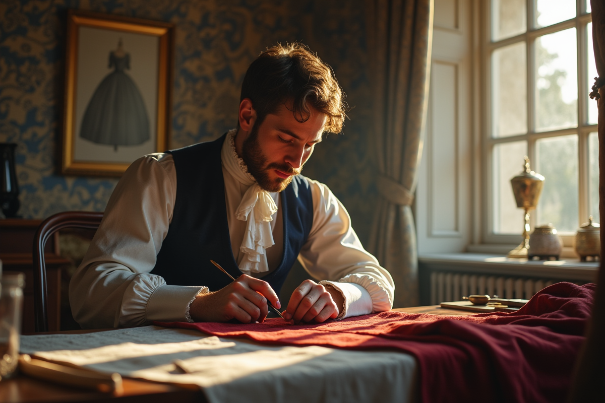 Portrait d un tailleur du 18e siècle en costume travaillant le tissu