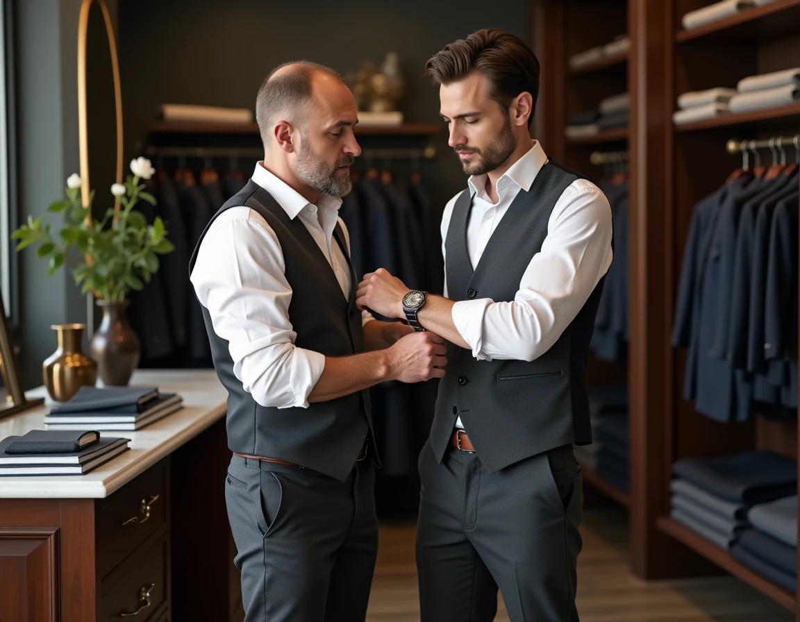 Tailleur prenant les mesures d'un costume sur mesure dans une boutique de couture à Reims
