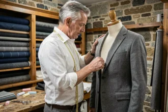 Tailleur breton expérimenté ajustant une veste sur mesure en laine grise dans un atelier artisanal aux murs en pierre de Bretagne