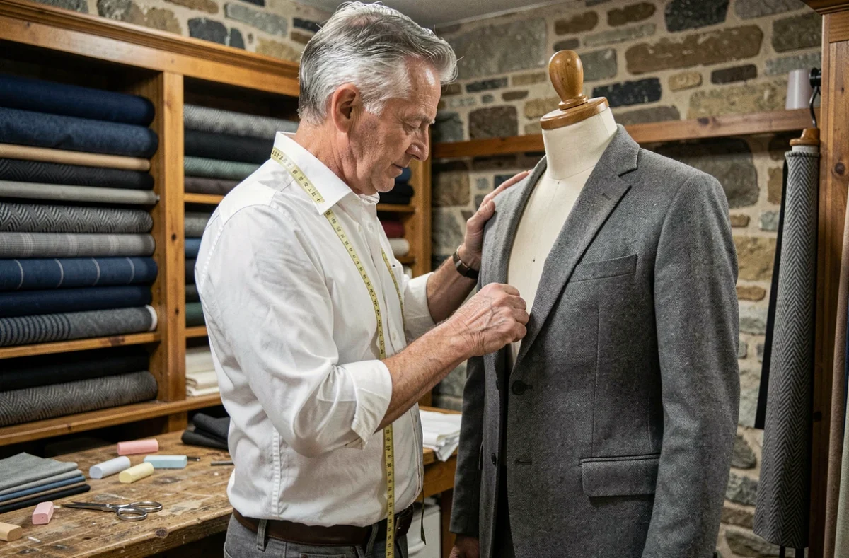 Tailleur breton expérimenté ajustant une veste sur mesure en laine grise dans un atelier artisanal aux murs en pierre de Bretagne