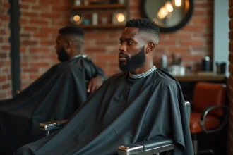 Jeune homme aux cheveux taillés en taper fade coupe casquette assis dans un fauteuil de barbier moderne