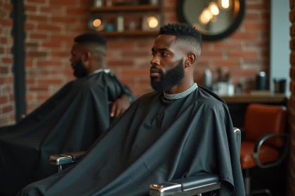 Jeune homme aux cheveux taillés en taper fade coupe casquette assis dans un fauteuil de barbier moderne