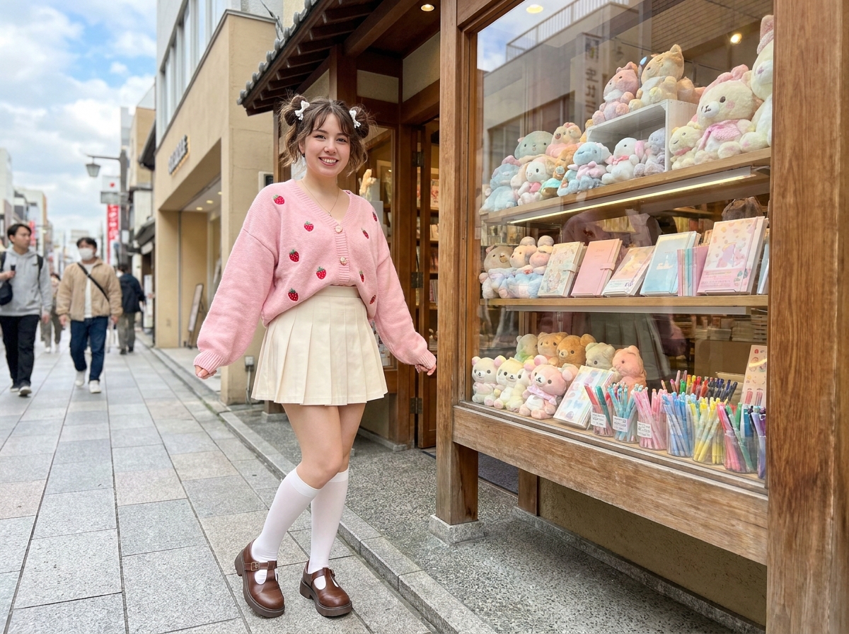 Jeune femme en tenue kawaii pastel avec cardigan rose brodé, jupe plissée crème et chaussures Mary Jane devant une boutique de papeterie japonaise