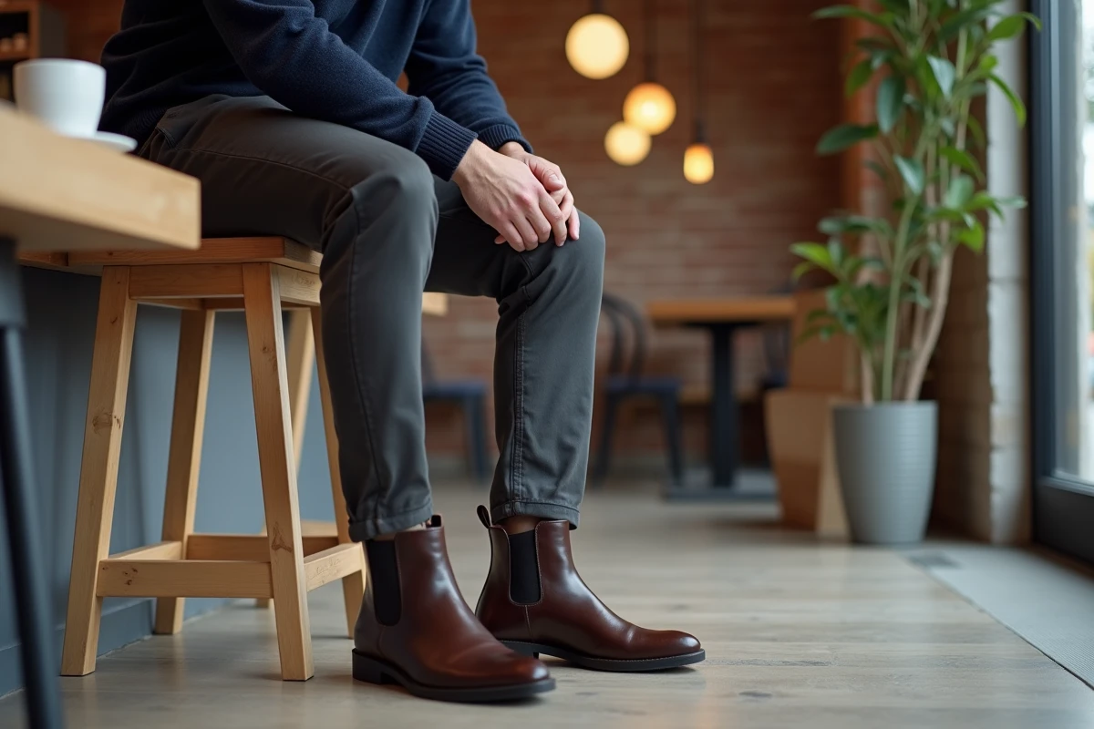 Homme en santiag marron foncé avec chino gris et pull marine assis dans un café moderne à décor minimaliste